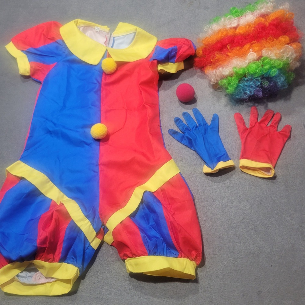 Unbranded Clown Costume Kids Size 6 Red Blue Jester Jumpsuit Wig Nose Gloves Set